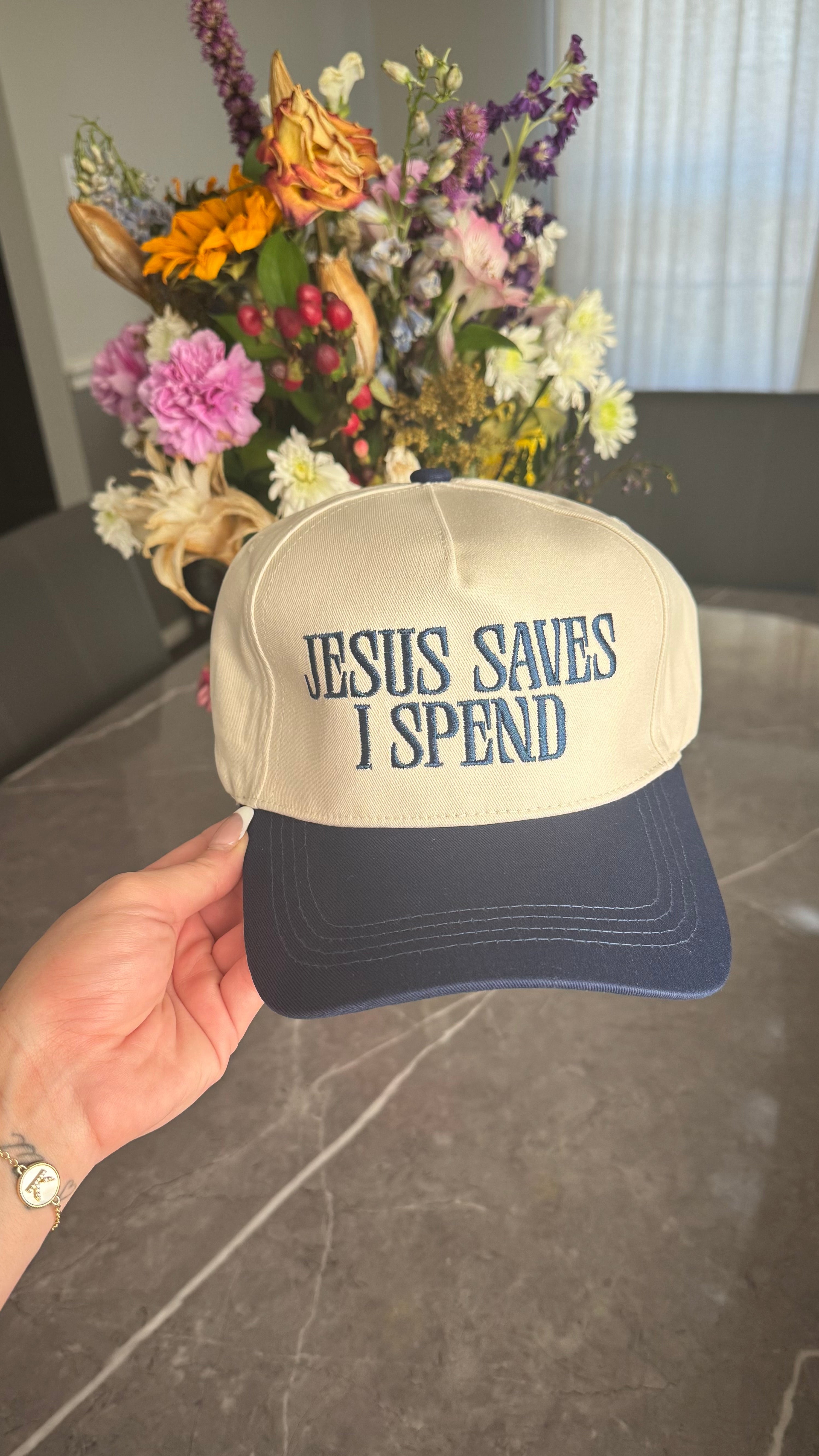 Jesus Saves I Spend Hat- navy